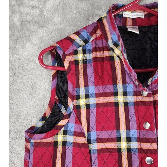 Rebecca Malone Vest Womens Medium Red Plaid Quilted Snap On Sleeveless Vintage - Picture 10 of 11